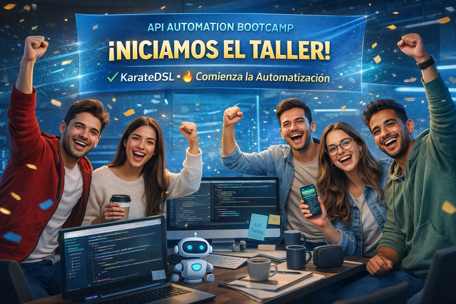 Equipo joven tech celebrando el inicio del taller